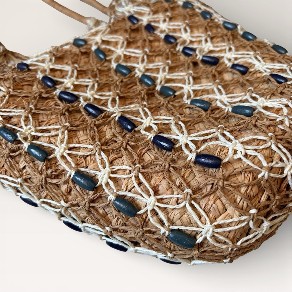 J. Crew Sedona Beaded Basket Bag Tan and White Woven Tote Straw New - Picture 3 of 10
